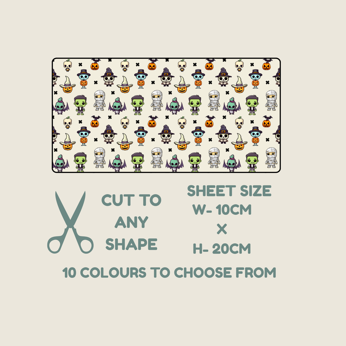 A tubie tape sheet preview with a Halloween-themed repeating pattern of cartoon ghosts, pumpkins, witches, and skeletons on a light beige background. Text below reads 'CUT TO ANY SHAPE', 'SHEET SIZE W- 10CM x H- 20CM', and '10 COLOURS TO CHOOSE FROM', with a scissors icon.