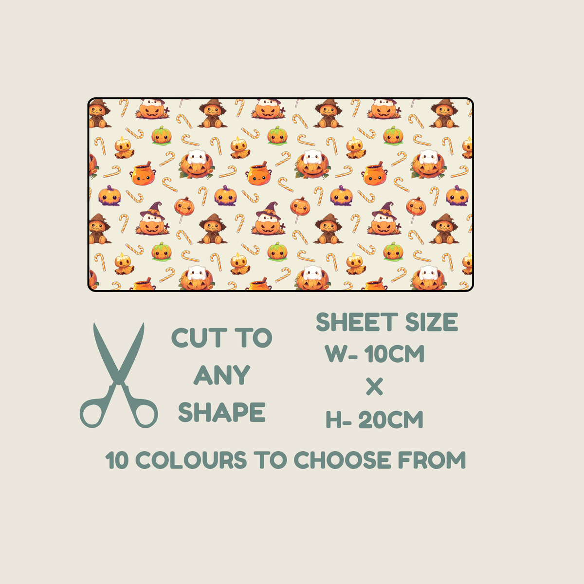 A tubie tape swatch showing a repeating Halloween-themed print with pumpkins, ghosts, and candy corn on a light cream background. Below the swatch, text reads 'CUT TO ANY SHAPE', 'SHEET SIZE W-10CM x H-20CM', and '10 COLOURS TO CHOOSE FROM', with a scissors icon on a pale beige background.