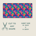 A tubie tape with a seamless repeating pattern featuring vibrant, psychedelic spiral motifs in pink, orange, yellow, green, and blue on a bright cyan background.,  shown on a light beige background with text reading 'CUT TO ANY SHAPE', 'SHEET SIZE W-10CM x H-20CM', and a scissors icon.