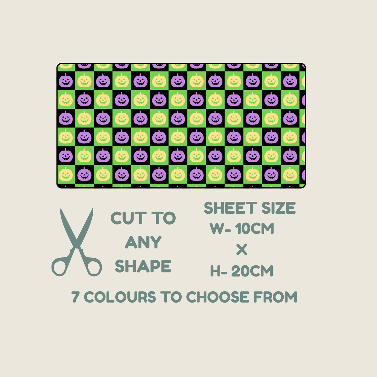 A fabric tubie tape sheet pattern preview with a repeating pumpkin face check pattern in green, purple, and cream, plus text reading 'CUT TO ANY SHAPE', 'SHEET SIZE W-10CM x H-20CM', and '7 COLOURS TO CHOOSE FROM' on a light beige background.