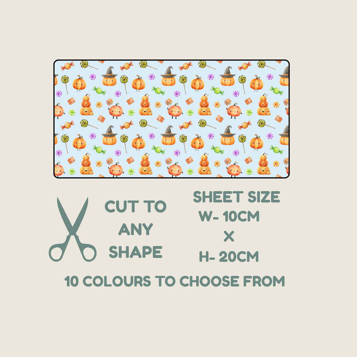 A tubie tape swatch with a blue background and a pattern of lollipops,sweets, orange pumkins and  black witches hats.
text that says cut to any shape next to a pair of scissors , sheet size w-10cm, h-20cm, 10 colours to choose from