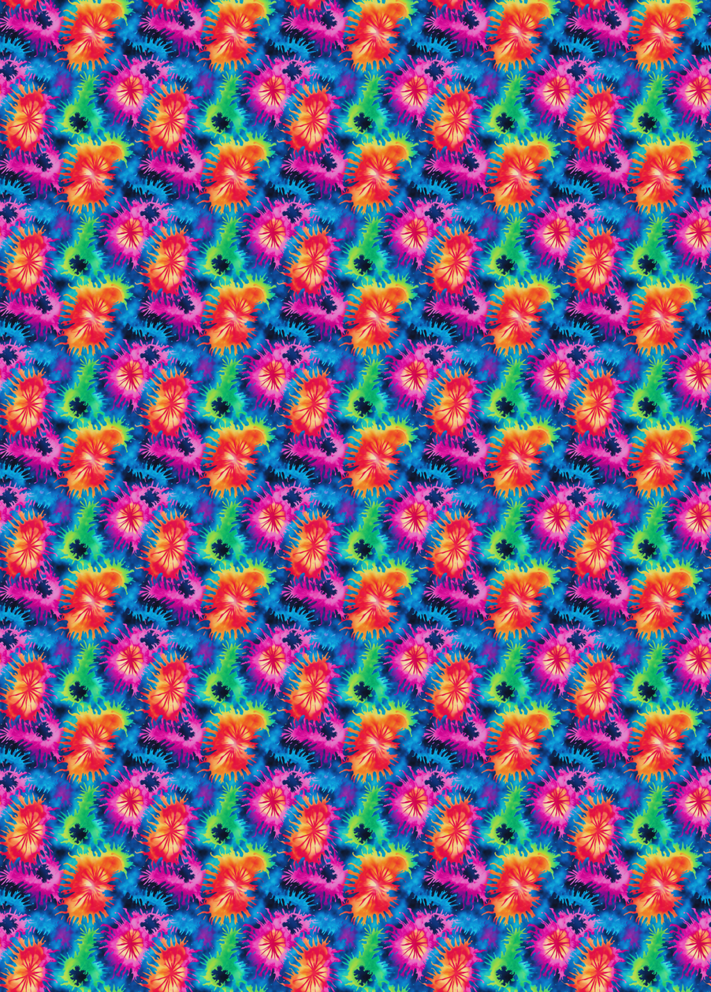 A tubie tape with a seamless repeating pattern featuring vibrant, psychedelic spiral motifs in pink, orange, yellow, green, and blue on a bright cyan background.