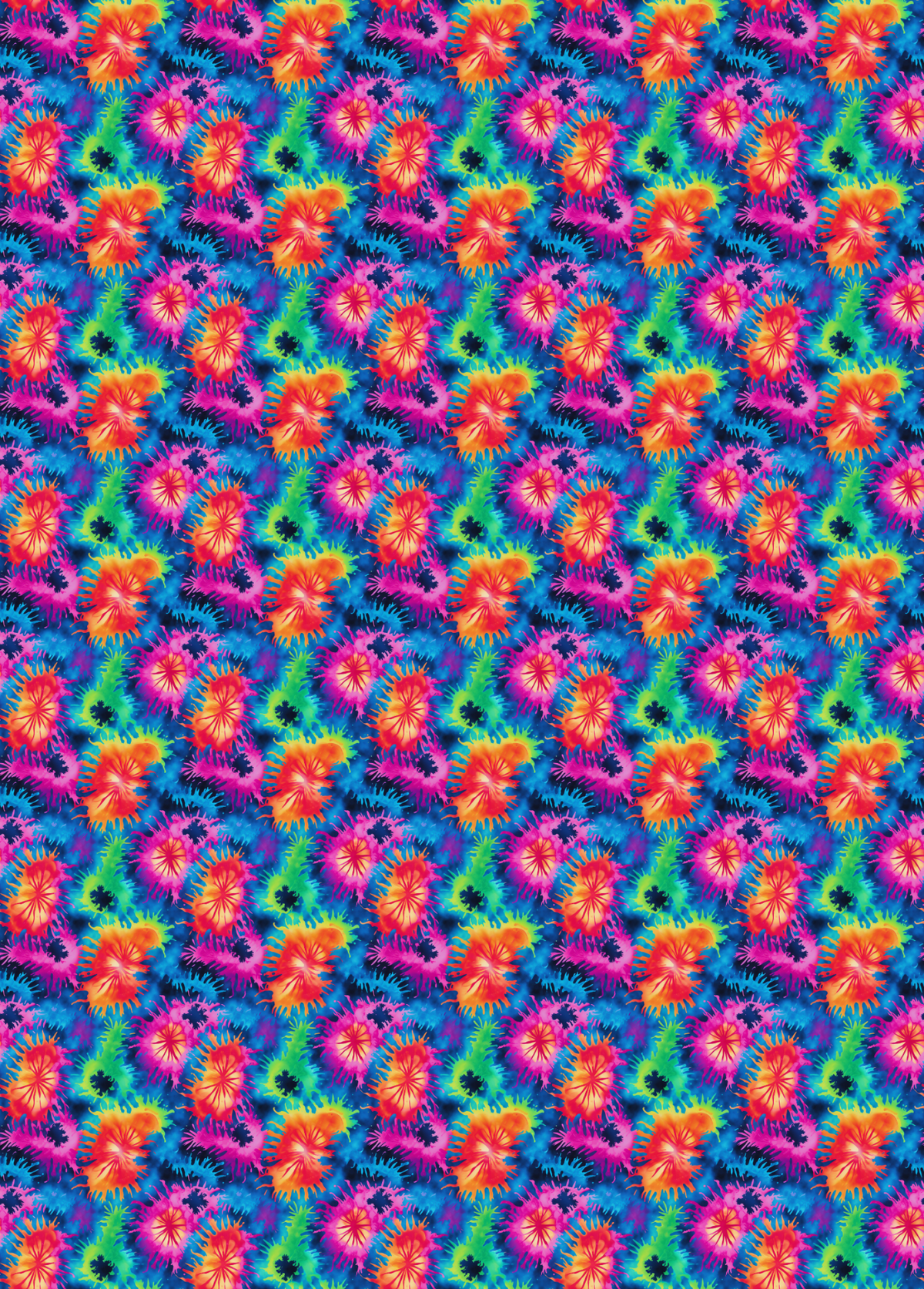A tubie tape with a seamless repeating pattern featuring vibrant, psychedelic spiral motifs in pink, orange, yellow, green, and blue on a bright cyan background.