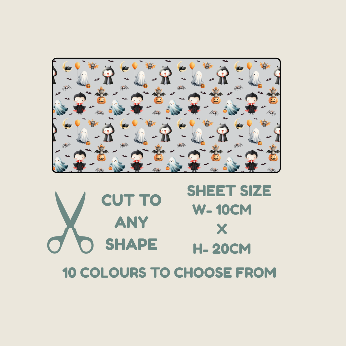 A fabric TUBIE TAPE  swatch preview with a Halloween-themed print showing cartoon ghosts, pumpkins, bats, and figures on a light gray background. Text below reads 'CUT TO ANY SHAPE', 'SHEET SIZE W-10CM x H-20CM', and '10 COLOURS TO CHOOSE FROM', with a scissors icon on a beige background.