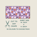 A product listing graphic for a Halloween-themed fabric tubie tape sheet. The top portion shows a rectangular swatch of lavender purple fabric with a repeating pattern of cartoon ghosts, cats, pumpkins, and bats.