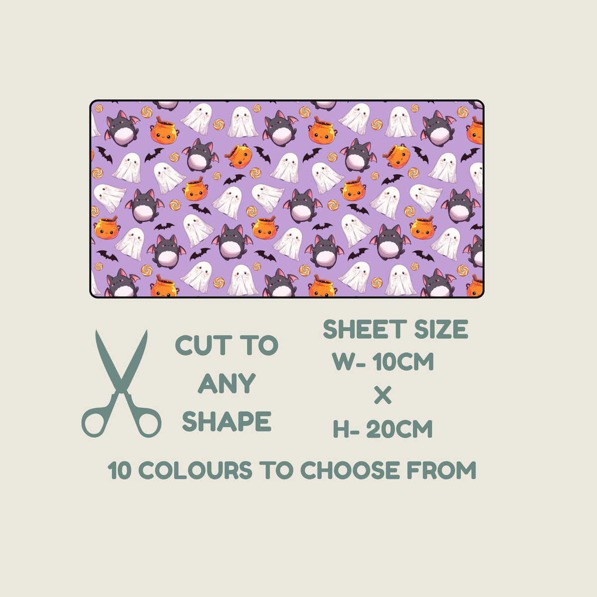 A product listing graphic for a Halloween-themed fabric tubie tape sheet. The top portion shows a rectangular swatch of lavender purple fabric with a repeating pattern of cartoon ghosts, cats, pumpkins, and bats.