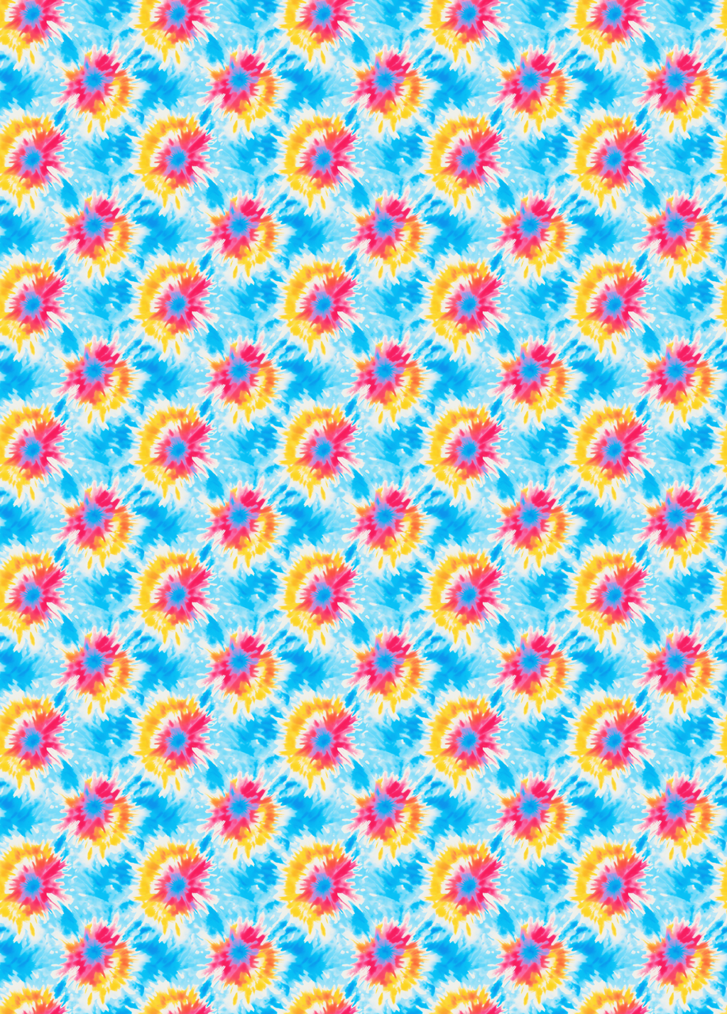 tubie tape with a seamless tie-dye pattern featuring circular floral motifs in pink, yellow, and blue on a bright light blue background.