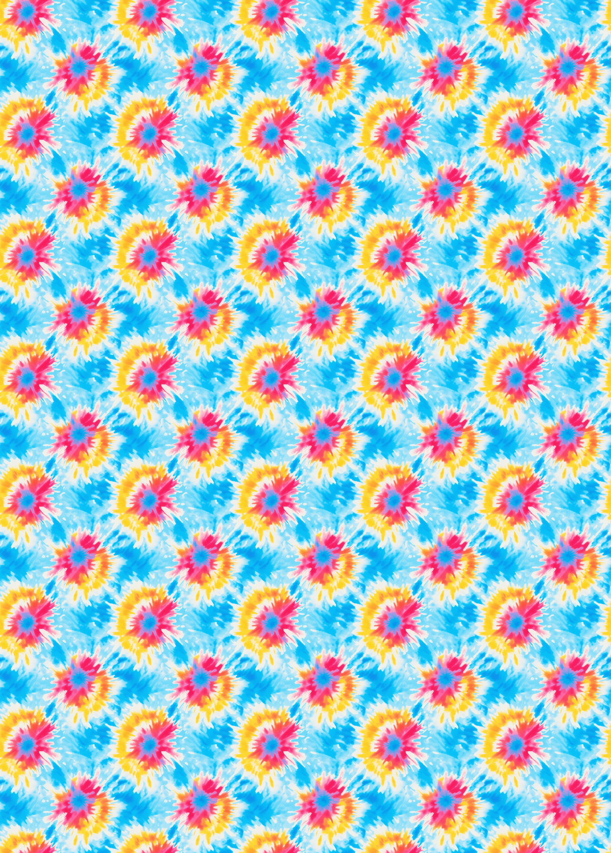tubie tape with a seamless tie-dye pattern featuring circular floral motifs in pink, yellow, and blue on a bright light blue background.