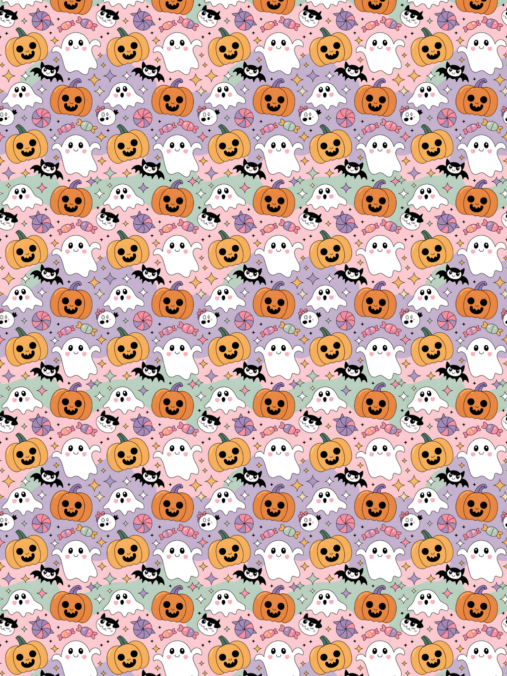  Tubie tape with a repeating Halloween pattern featuring orange jack-o'-lantern pumpkins, white ghosts, black bats, and purple stars on pastel pink, lavender, mint, and peach backgrounds.