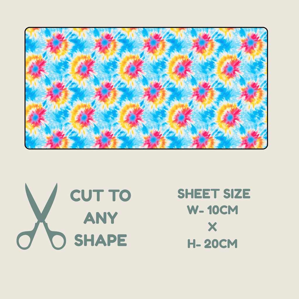 A fabric tubie tapet sheet with a colorful tie-dye style floral pattern, shown above text stating 'CUT TO ANY SHAPE' and 'SHEET SIZE W-10CM X H-20CM' on a light beige background.