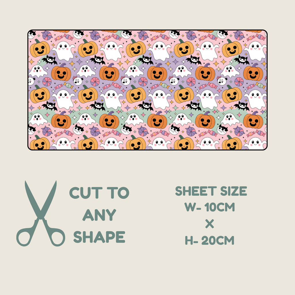 Tubie tape with a repeating Halloween pattern of pumpkins, ghosts, bats, and spiderwebs on a pastel background, shown above text reading 'CUT TO ANY SHAPE' and 'SHEET SIZE W-10CM x H-20CM' with a scissors icon on a light beige background.