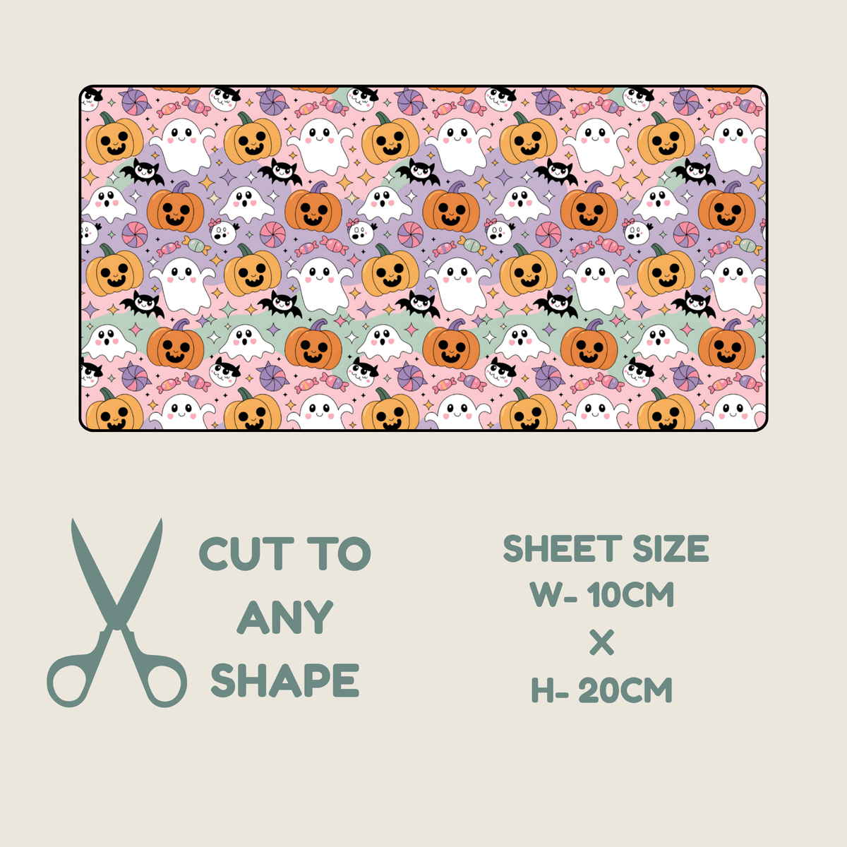 Tubie tape with a repeating Halloween pattern of pumpkins, ghosts, bats, and spiderwebs on a pastel background, shown above text reading 'CUT TO ANY SHAPE' and 'SHEET SIZE W-10CM x H-20CM' with a scissors icon on a light beige background.