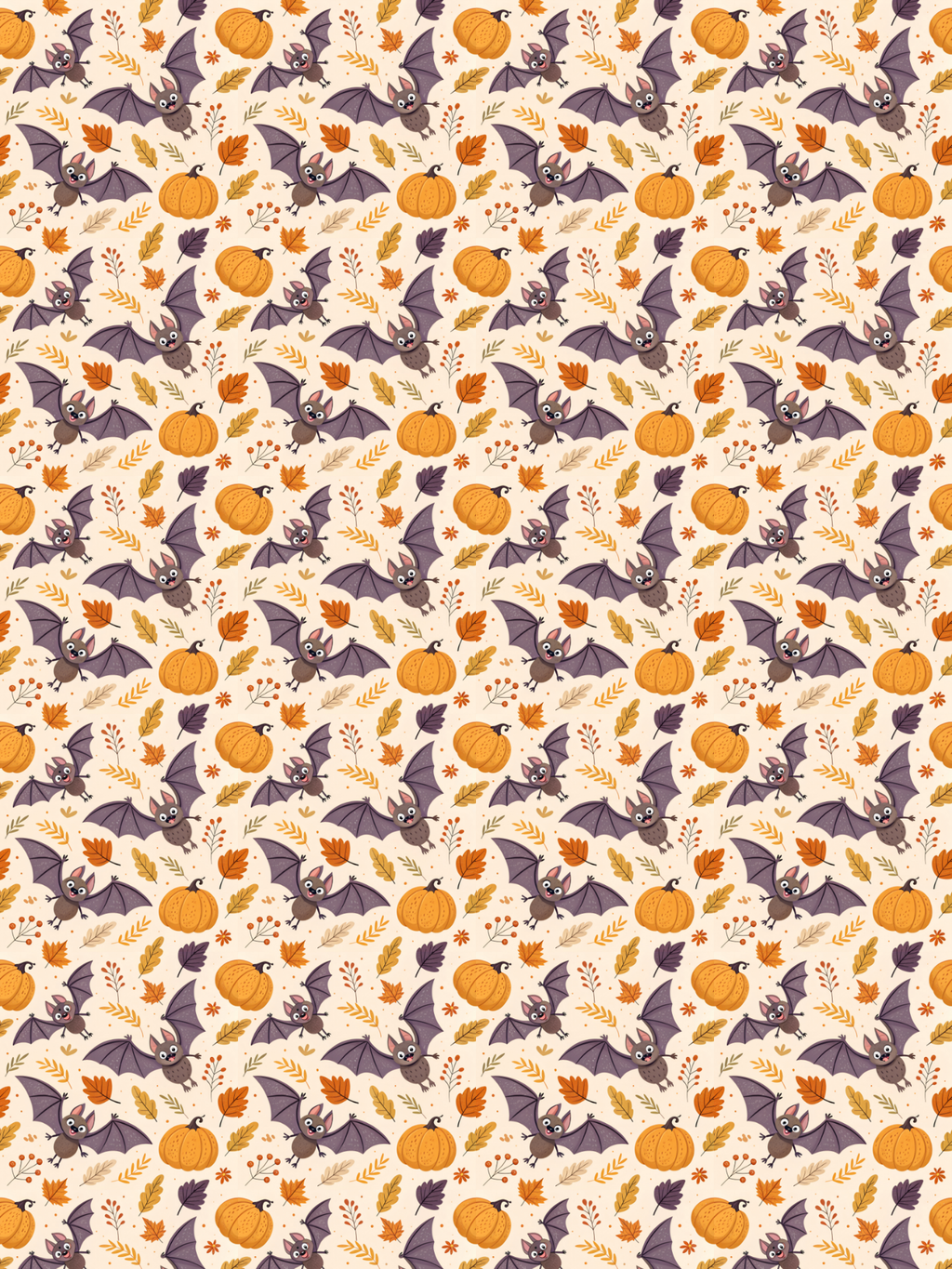 Tubie tape with a repeating Halloween-themed pattern featuring orange pumpkins, dark purple bats, and orange-and-white leaves on a warm cream background.