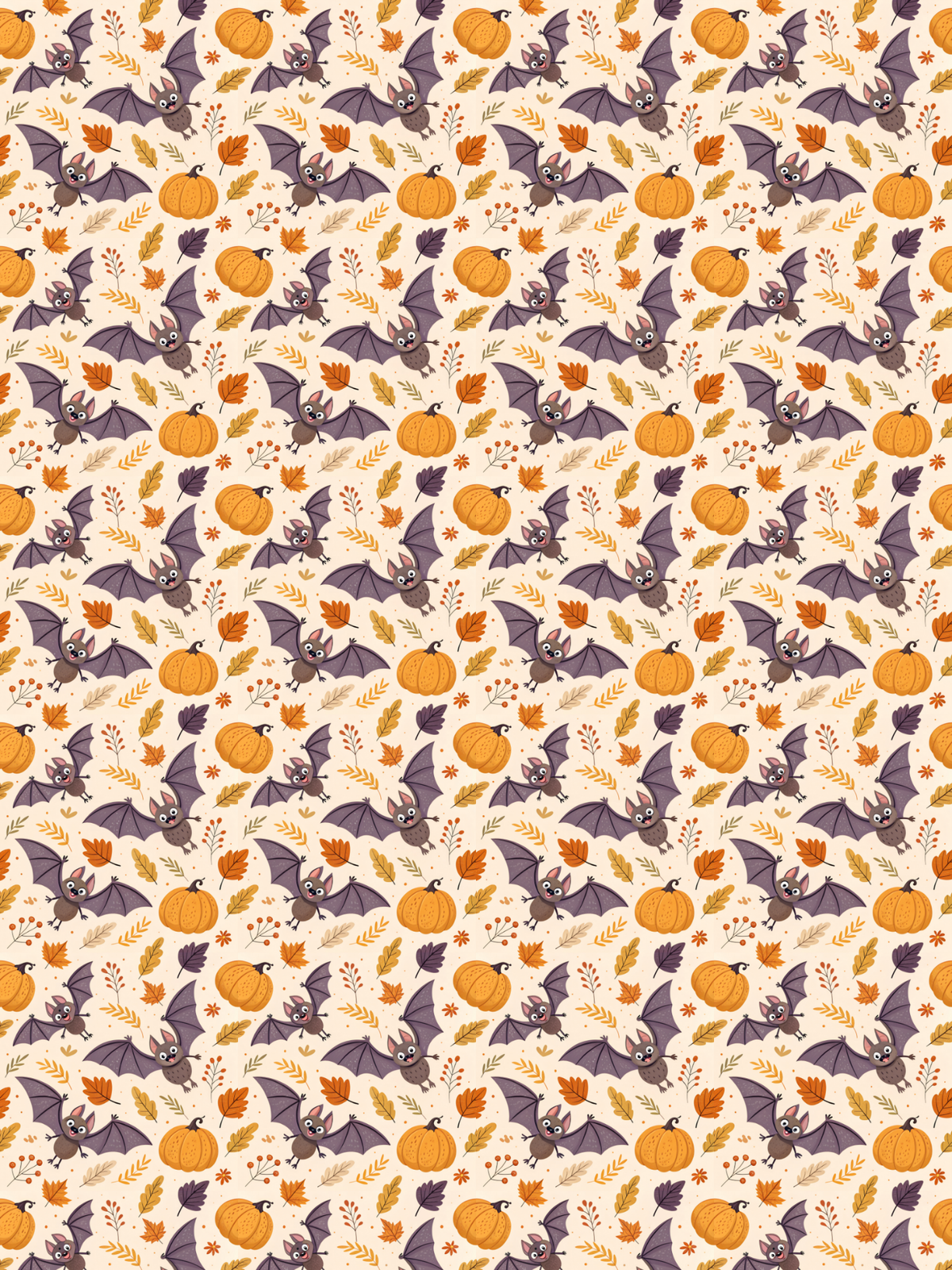 Tubie tape with a repeating Halloween-themed pattern featuring orange pumpkins, dark purple bats, and orange-and-white leaves on a warm cream background.