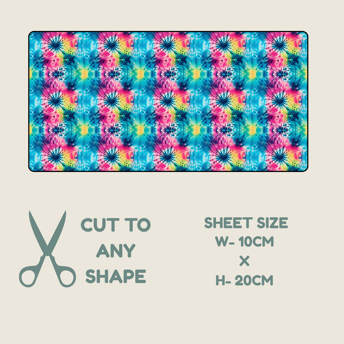 Tubie tape with a colorful tie-dye patterned fabric sheet shown on a light beige background, with text below reading 'CUT TO ANY SHAPE' and 'SHEET SIZE W-10CM x H-20CM', plus a scissors icon.