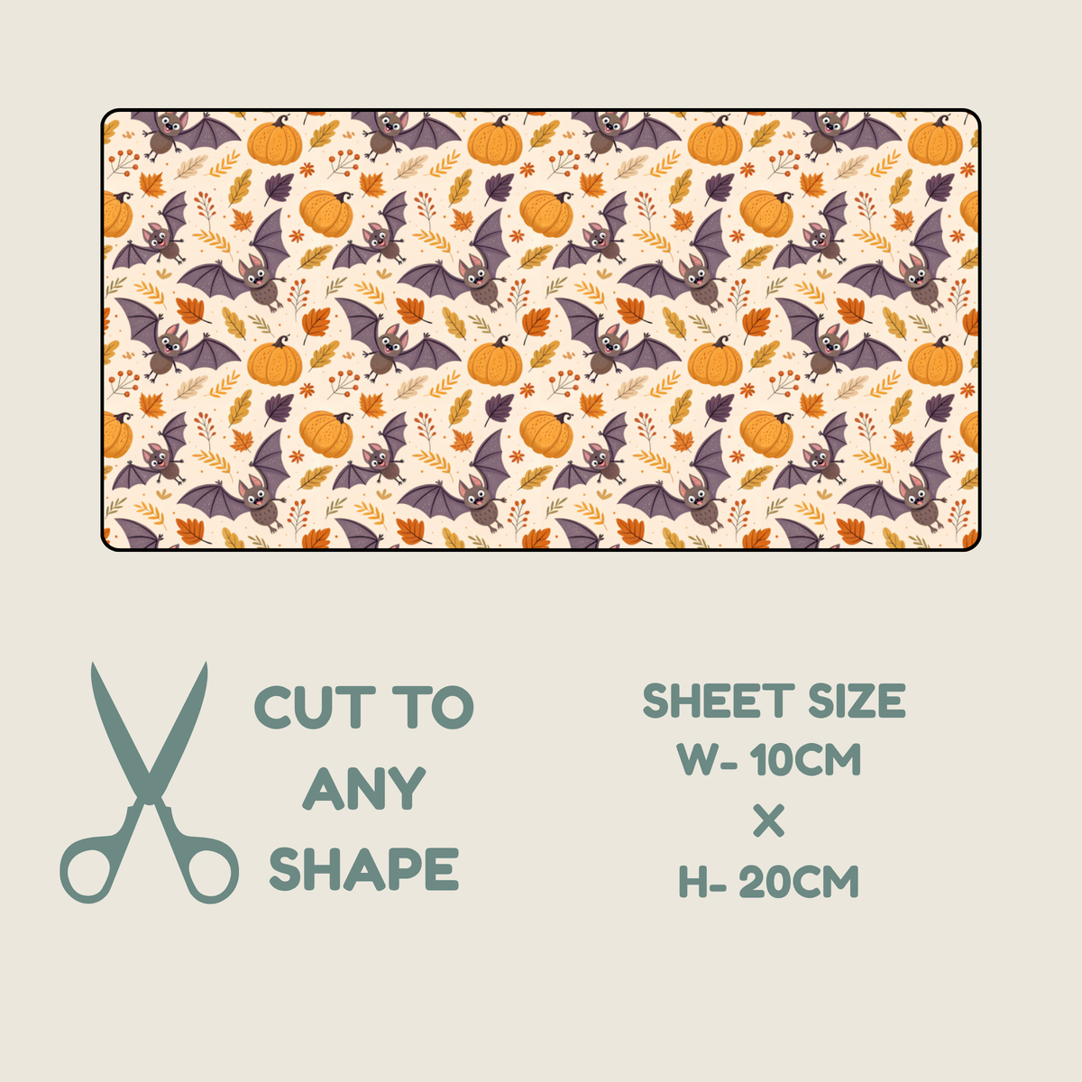 Tubie tape with a repeating  Halloween design, shown above a text panel that reads 'CUT TO ANY SHAPE' and 'SHEET SIZE W-10CM x H-20CM'. The pattern features orange pumpkins, gray bats, and autumn leaves on a cream background.