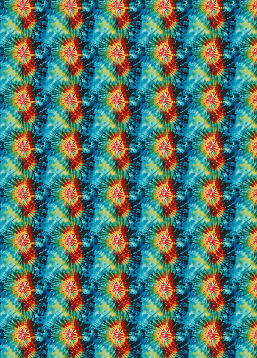 A tubie tape swatch showing a colorful tie-dye pattern with blue, green, yellow, and orange-red starburst motifs, 
