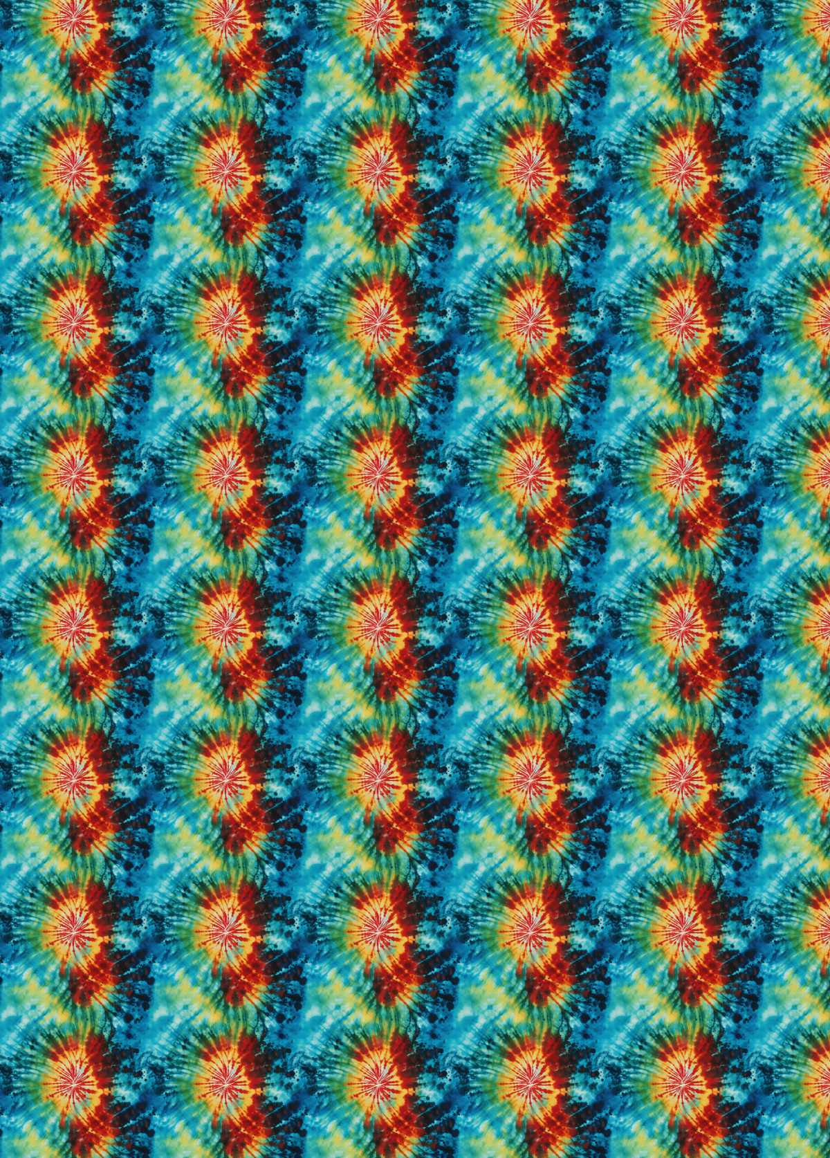 A tubie tape swatch showing a colorful tie-dye pattern with blue, green, yellow, and orange-red starburst motifs, 