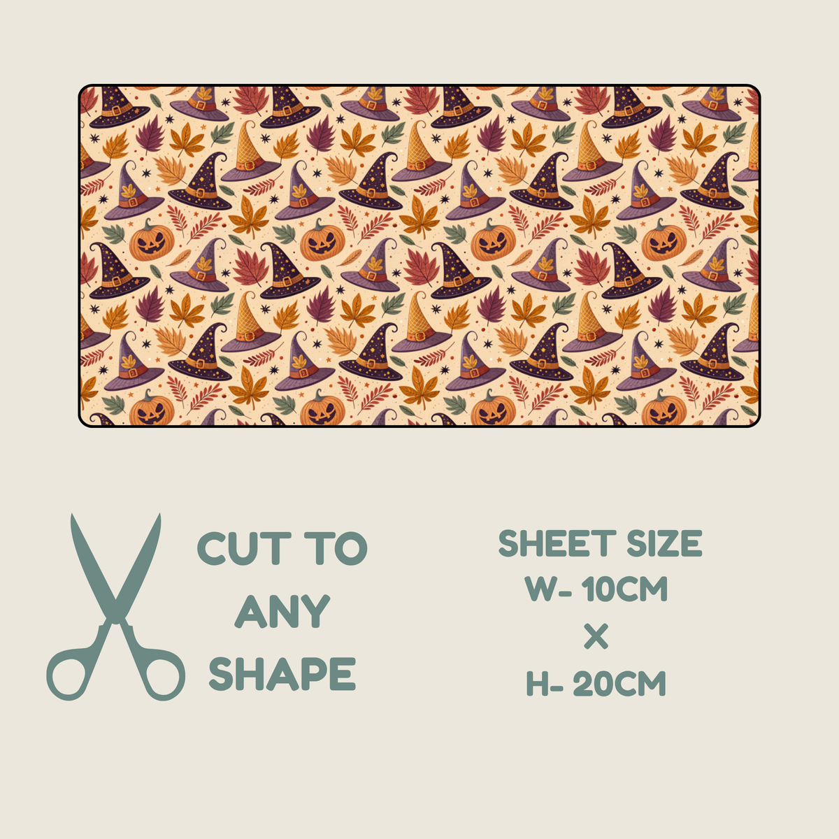 Tubie tape with a repeating Halloween pattern of witch hats, pumpkins, and autumn leaves on a cream background, shown above a scissors icon and text stating 'CUT TO ANY SHAPE' and 'SHEET SIZE W-10CM x H-20CM'.