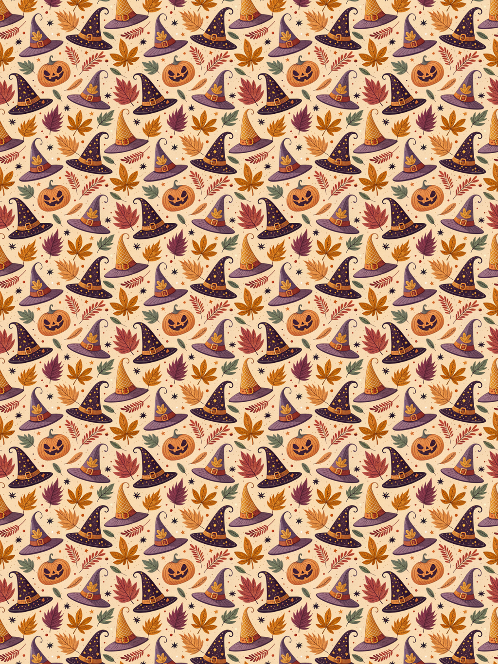 Tubie tape with a repeating Halloween pattern featuring purple witch hats, orange jack-o'-lanterns, and autumn leaves on a warm beige background.