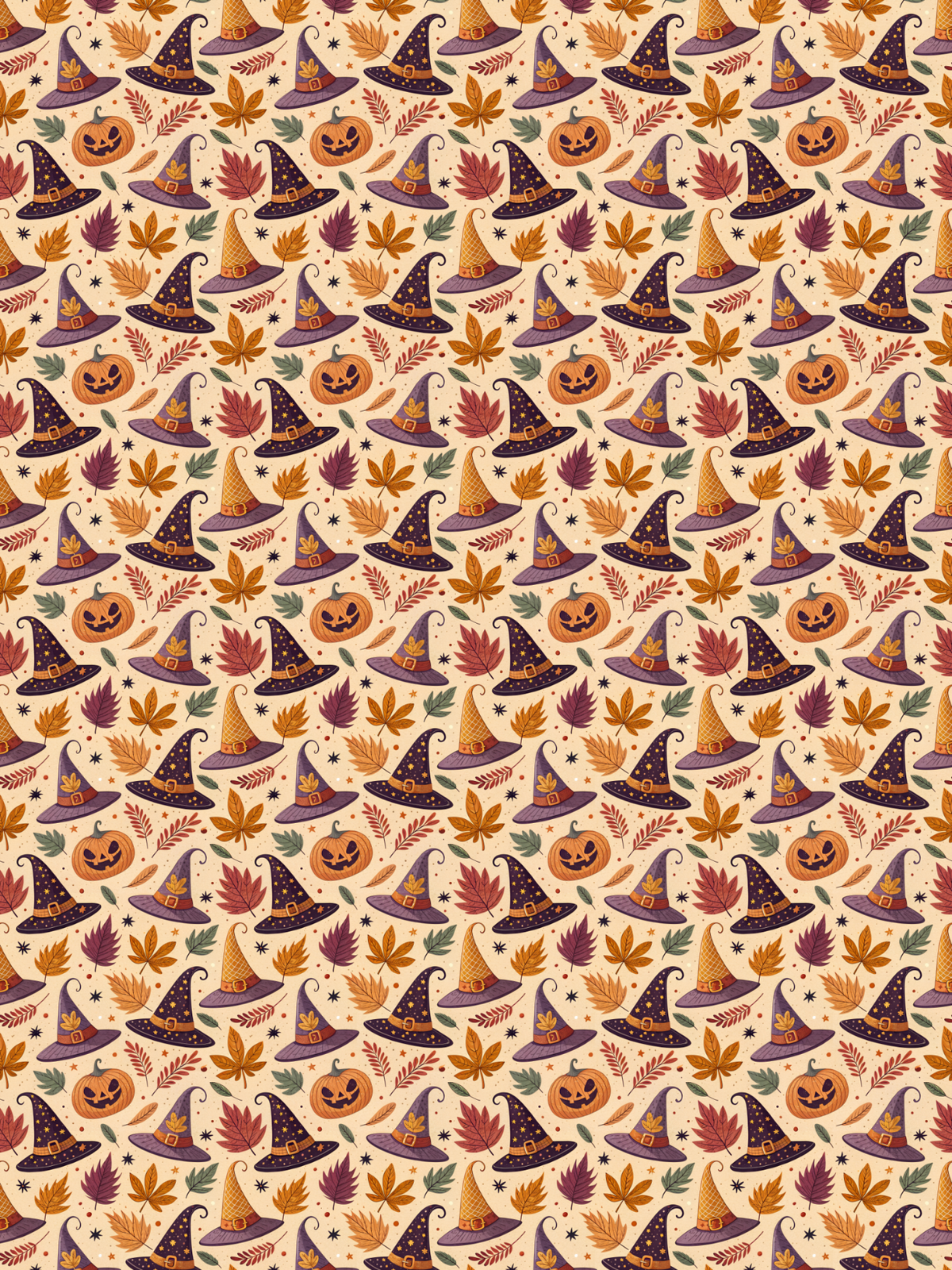 Tubie tape with a repeating Halloween pattern featuring purple witch hats, orange jack-o'-lanterns, and autumn leaves on a warm beige background.