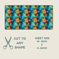 A tubie tape swatch showing a colorful tie-dye pattern with blue, green, yellow, and orange-red starburst motifs, displayed on a light beige background with text reading 'CUT TO ANY SHAPE' and 'SHEET SIZE W-10CM x H-20CM' plus a scissors icon.
