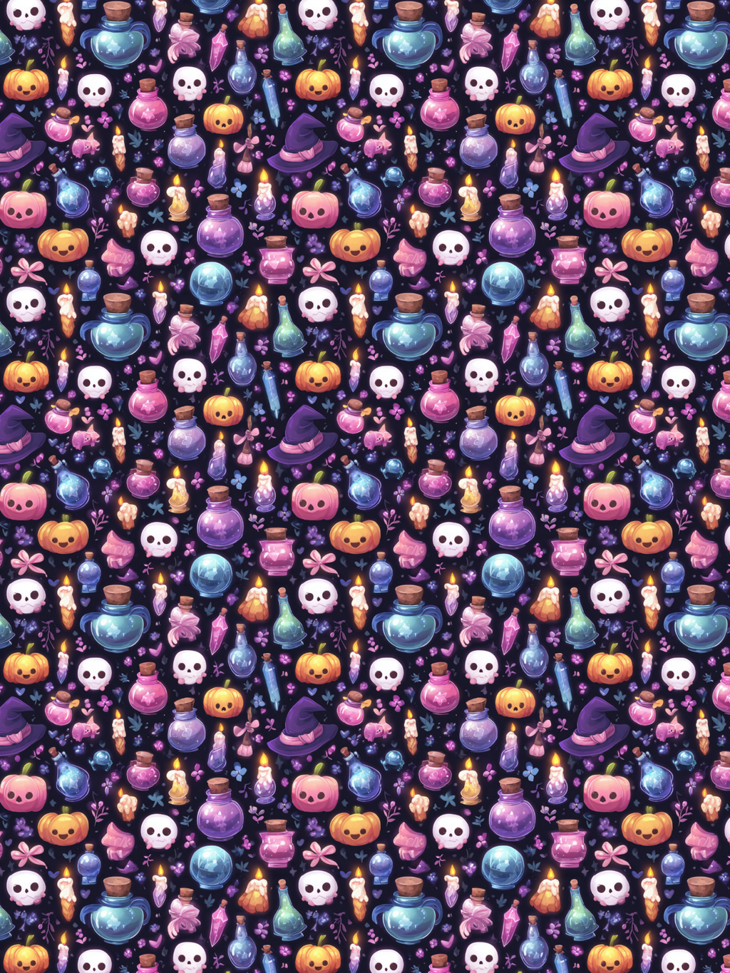 Tubie tape with a repeating Halloween-themed pattern featuring colorful potion bottles, skulls, pumpkins, and witch hats on a dark purple background.