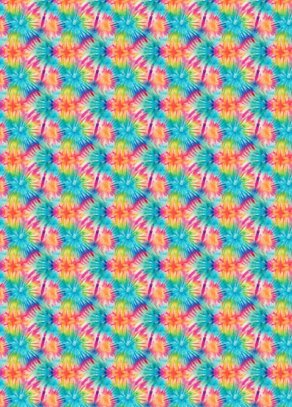 A colorful patterned fabric sheet with a repeating starburst design in pink, orange, yellow, green, blue, and purple, 
