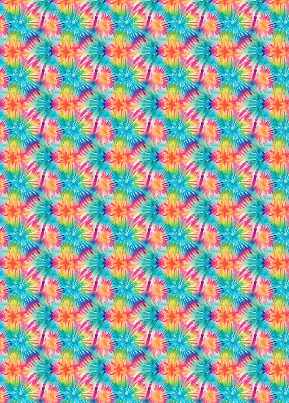 A colorful patterned fabric sheet with a repeating starburst design in pink, orange, yellow, green, blue, and purple, 