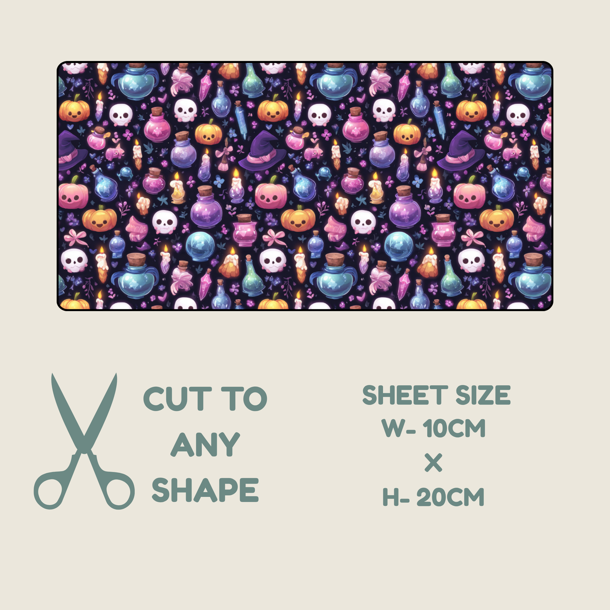 Tubie tape with a repeating colorful Halloween pattern of pumpkins, skulls, bottles, and cauldrons on a dark background, shown with text reading 'CUT TO ANY SHAPE' and 'SHEET SIZE W-10CM x H-20CM' on a light beige background.