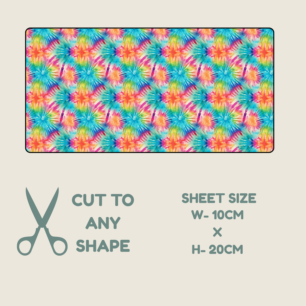 A colorful patterned fabric sheet with a repeating starburst design in pink, orange, yellow, green, blue, and purple, shown above text stating 'CUT TO ANY SHAPE' and 'SHEET SIZE W-10CM X H-20CM' on a light beige background.