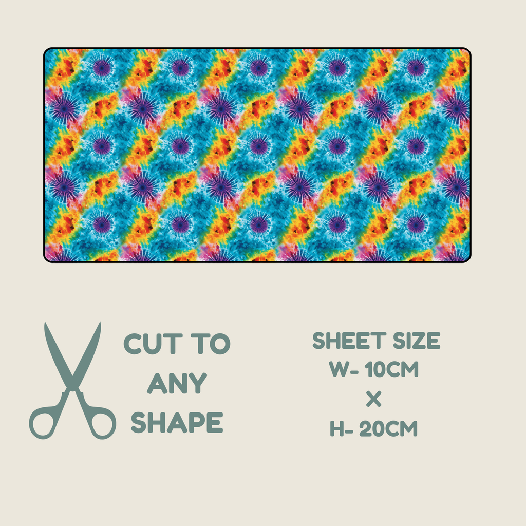 tubie tape with a seamless repeating pattern of colorful tie-dye floral motifs in shades of blue, orange, yellow, pink, and purple., shown above text stating 'CUT TO ANY SHAPE' and 'SHEET SIZE W- 10CM X H- 20CM' on a light beige background.