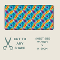 tubie tape with a seamless repeating pattern of colorful tie-dye floral motifs in shades of blue, orange, yellow, pink, and purple., shown above text stating 'CUT TO ANY SHAPE' and 'SHEET SIZE W- 10CM X H- 20CM' on a light beige background.