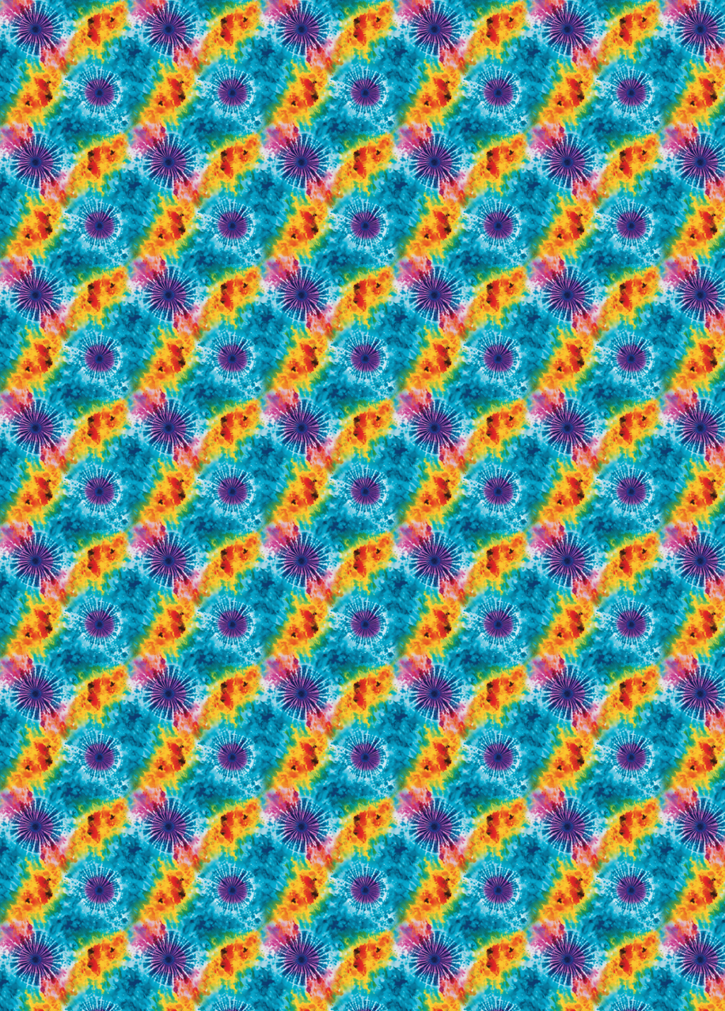 tubie tape with a seamless repeating pattern of colorful tie-dye floral motifs in shades of blue, orange, yellow, pink, and purple.