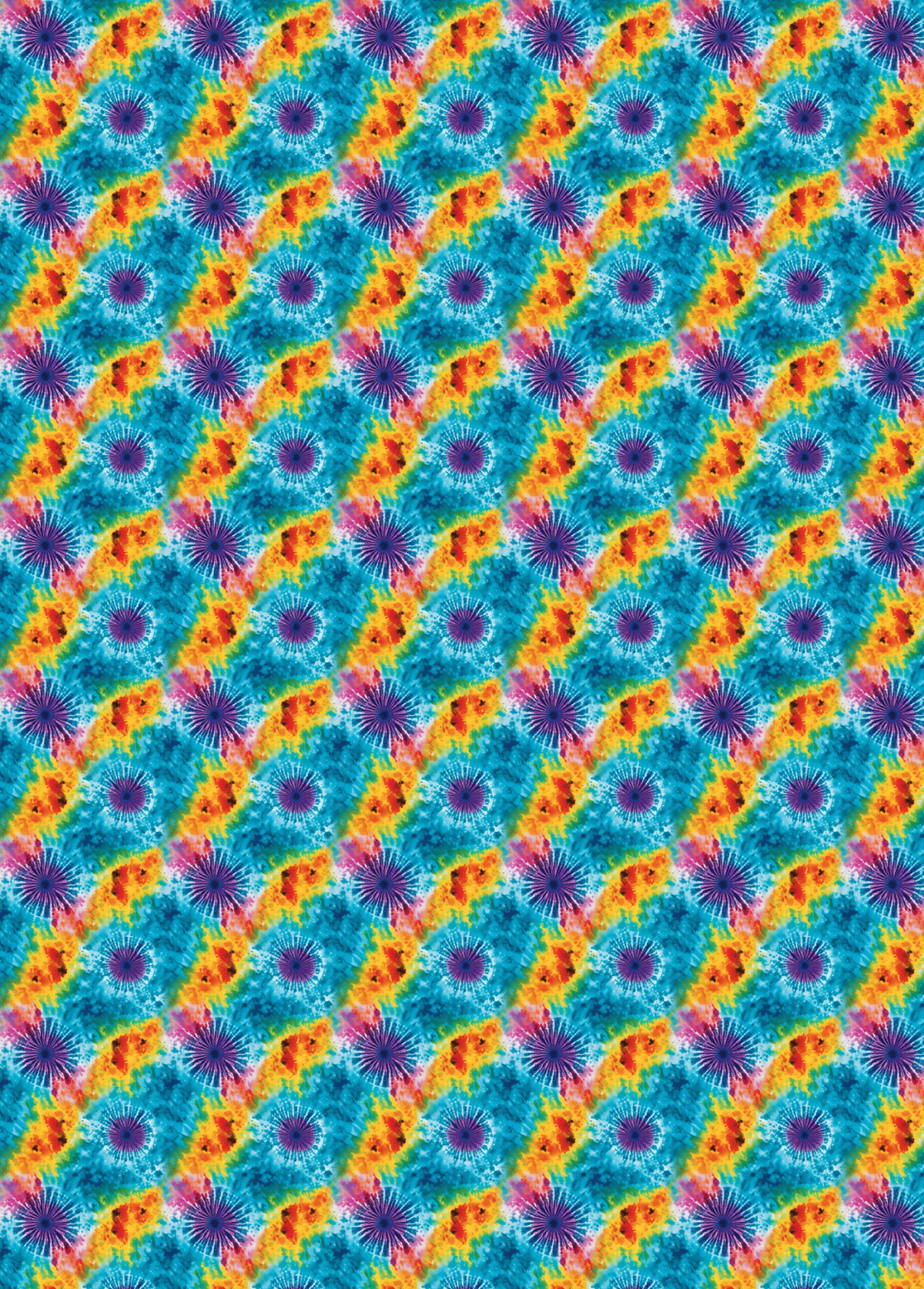 tubie tape with a seamless repeating pattern of colorful tie-dye floral motifs in shades of blue, orange, yellow, pink, and purple.