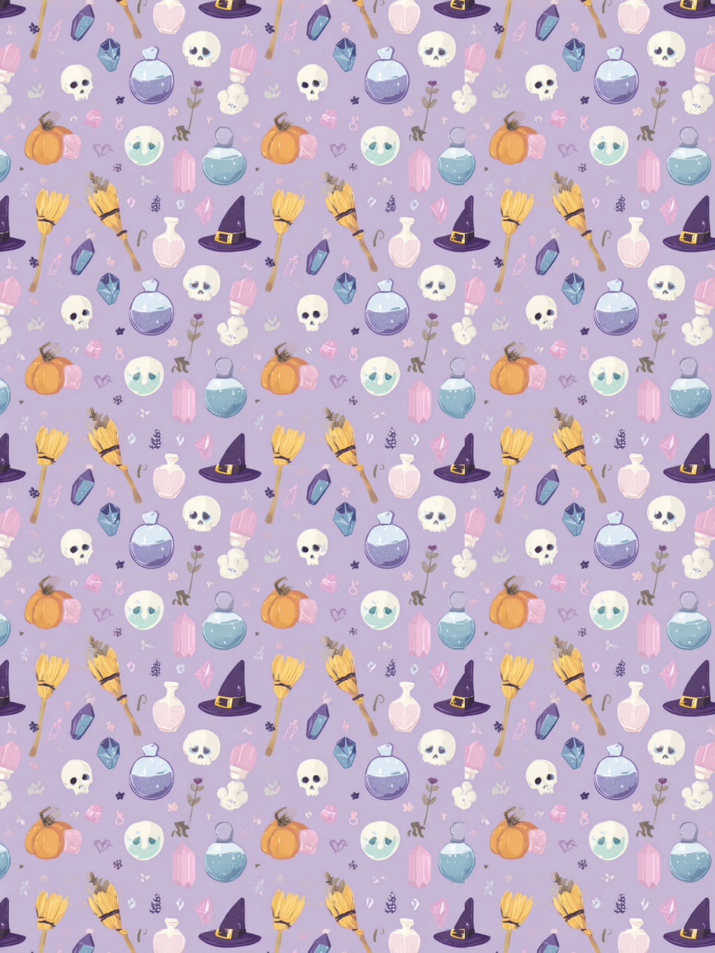 Tubie tape with a repeating Halloween-themed pattern on a light lavender background, featuring witch hats, broomsticks, skulls, vials, pumpkins, and pastel decorative motifs.