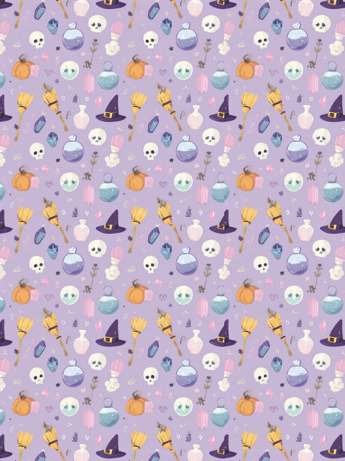 Tubie tape with a repeating Halloween-themed pattern on a light lavender background, featuring witch hats, broomsticks, skulls, vials, pumpkins, and pastel decorative motifs.
