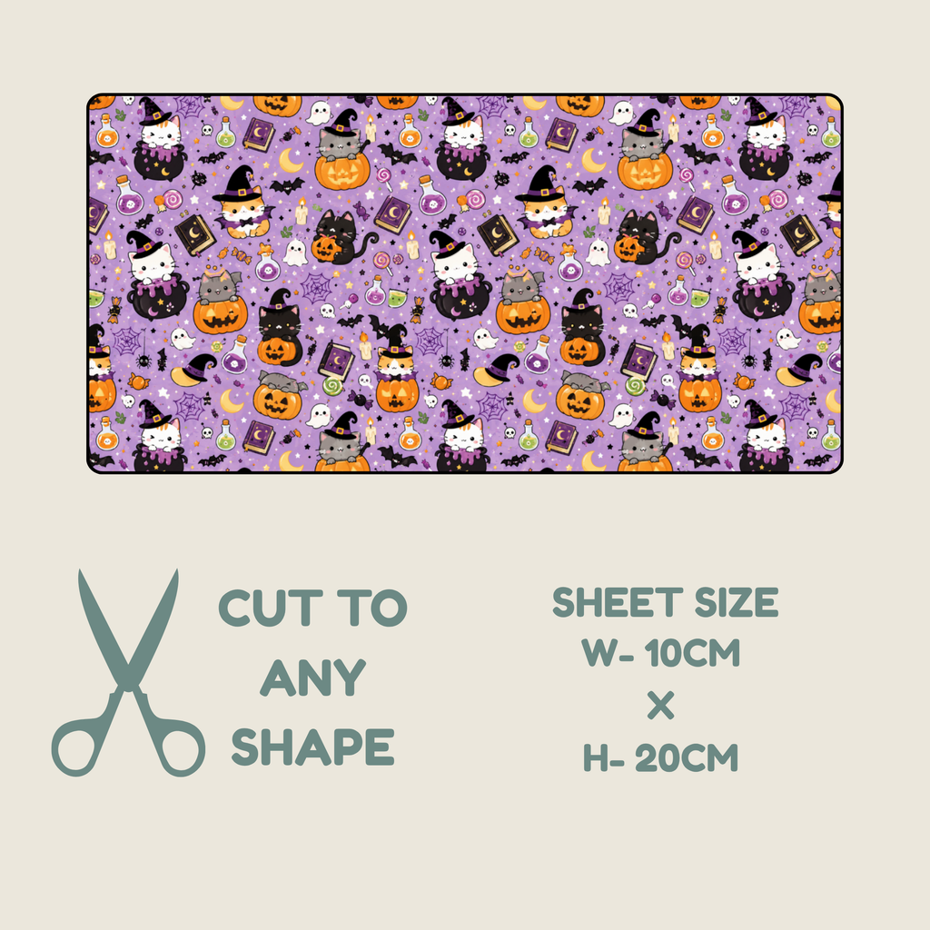 Tubie tape with a repeating cartoon pumpkins, witches, ghosts, and spider motifs, shown on a light beige background with text reading 'CUT TO ANY SHAPE' and 'SHEET SIZE W-10CM X H-20CM'.