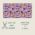Tubie tape with a repeating cartoon pumpkins, witches, ghosts, and spider motifs, shown on a light beige background with text reading 'CUT TO ANY SHAPE' and 'SHEET SIZE W-10CM X H-20CM'.