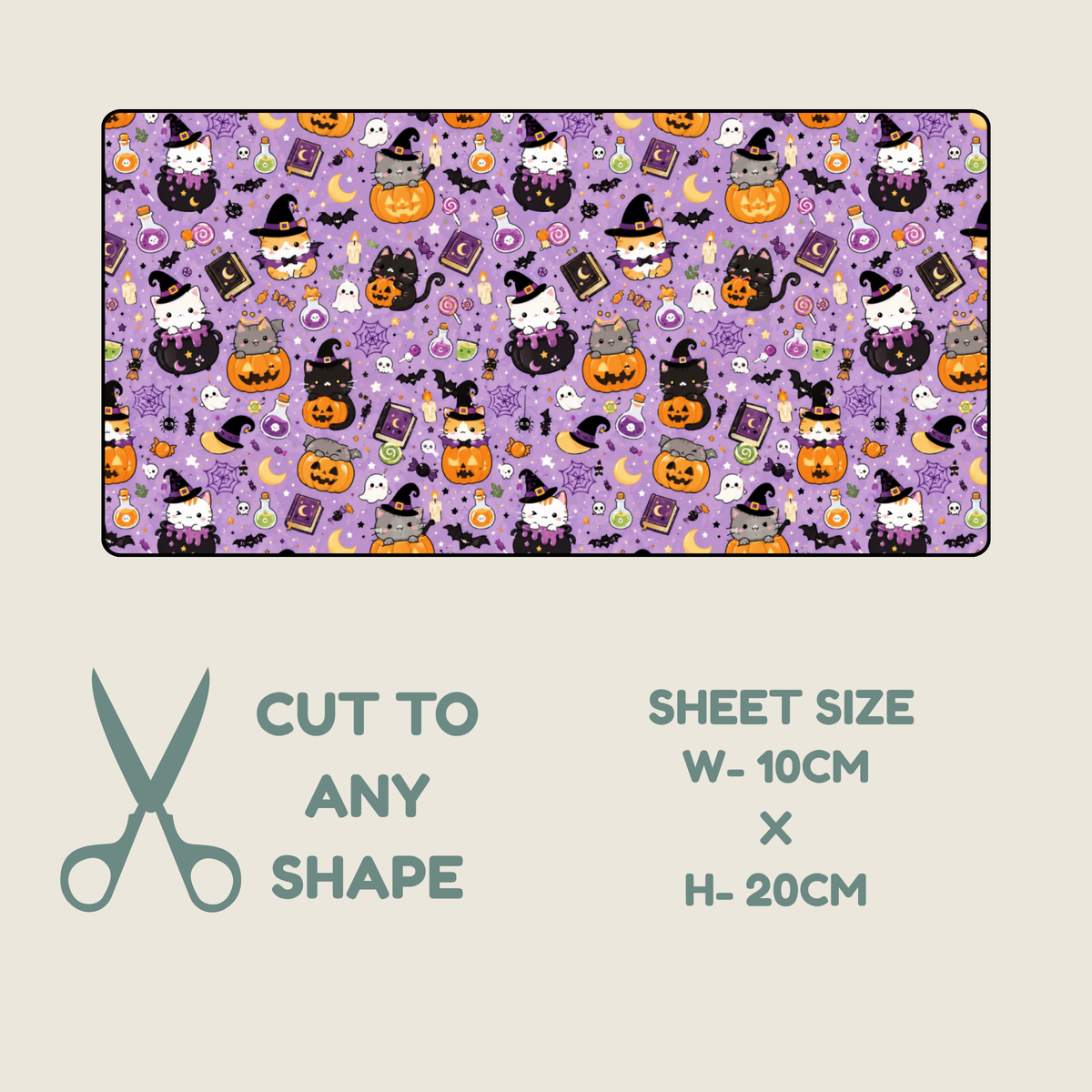 Tubie tape with a repeating cartoon pumpkins, witches, ghosts, and spider motifs, shown on a light beige background with text reading 'CUT TO ANY SHAPE' and 'SHEET SIZE W-10CM X H-20CM'.