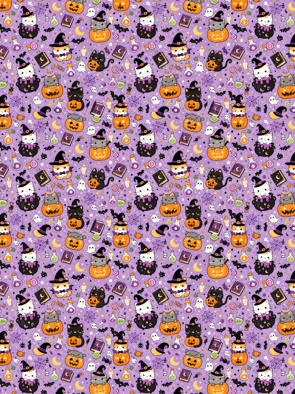 Tubie tape with a repeating Halloween pattern on a light purple background, featuring cartoon cats in witch hats, pumpkins, ghosts, bats, moons, stars, and small decorative icons.