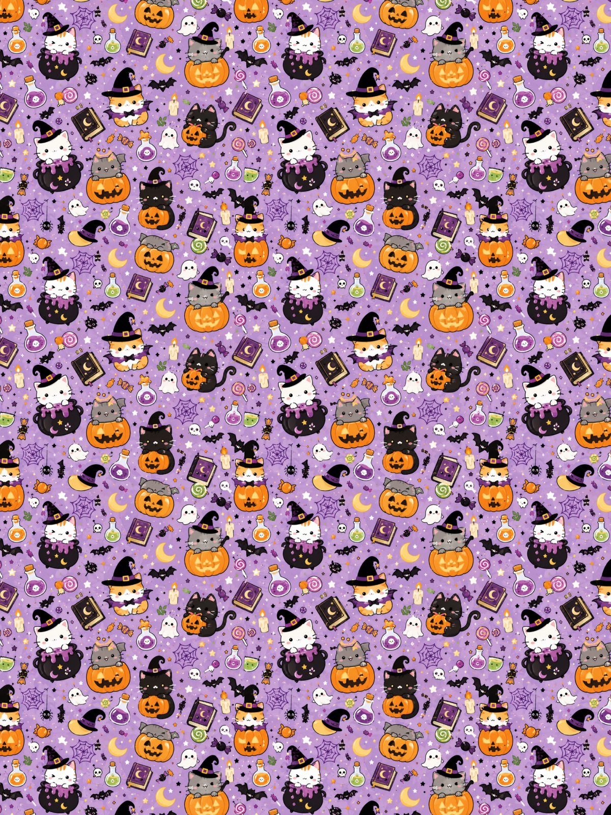 Tubie tape with a repeating Halloween pattern on a light purple background, featuring cartoon cats in witch hats, pumpkins, ghosts, bats, moons, stars, and small decorative icons.