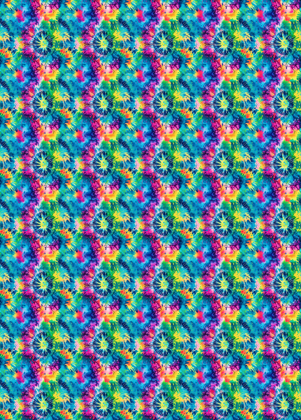 A seamless tie-dye pattern featuring vibrant, swirling waves of blue, green, yellow, pink, orange, and purple in a repeating kaleidoscopic design.