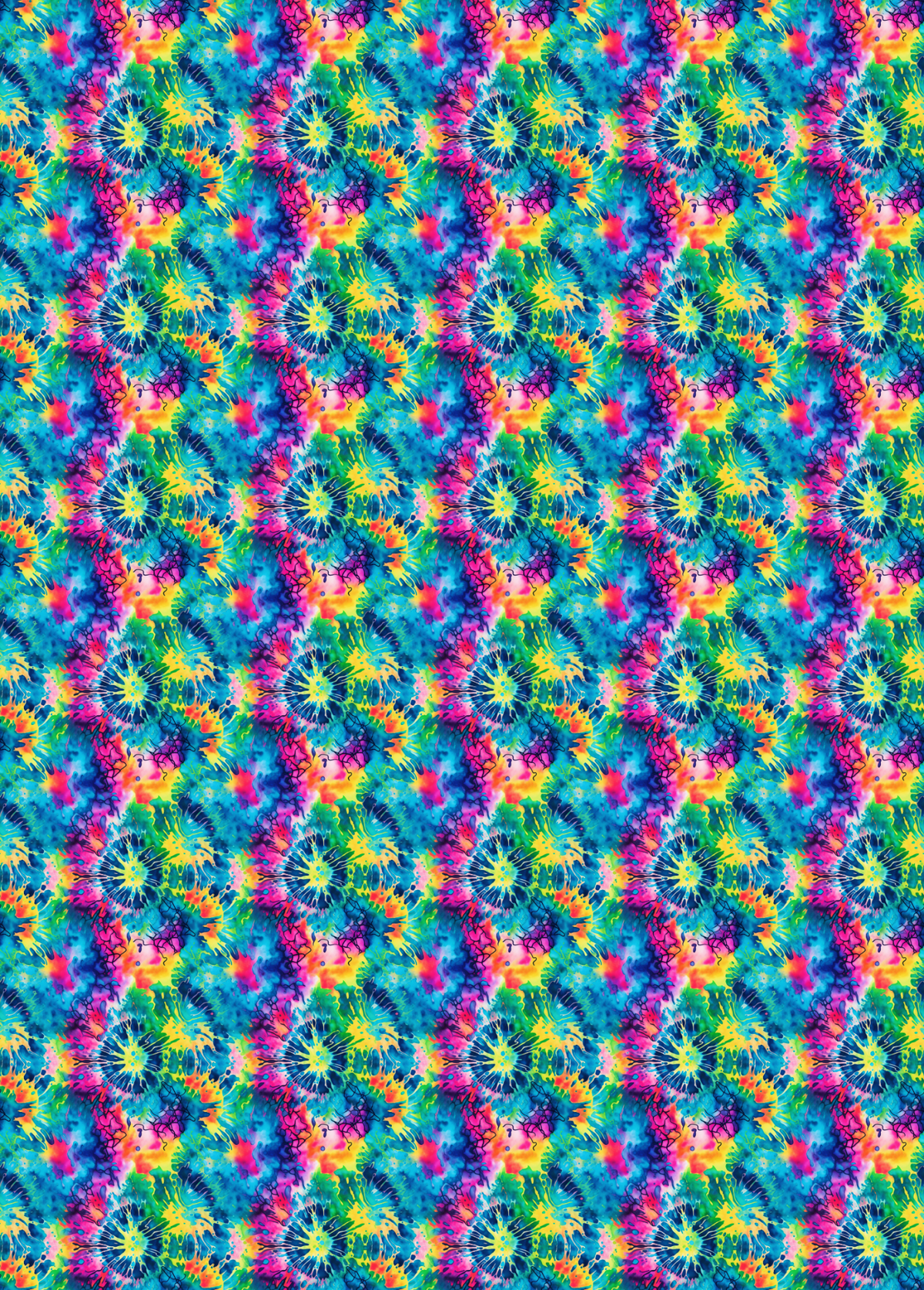 A seamless tie-dye pattern featuring vibrant, swirling waves of blue, green, yellow, pink, orange, and purple in a repeating kaleidoscopic design.