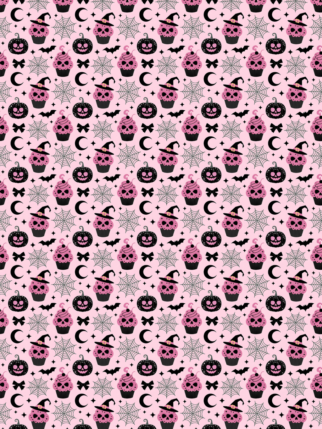 Tubie tape with a repeating Halloween-themed pattern on a light pink background, featuring pink frosted cupcakes with witch hats, black jack-o'-lantern faces, gray spiderwebs, bats, and crescent moons.