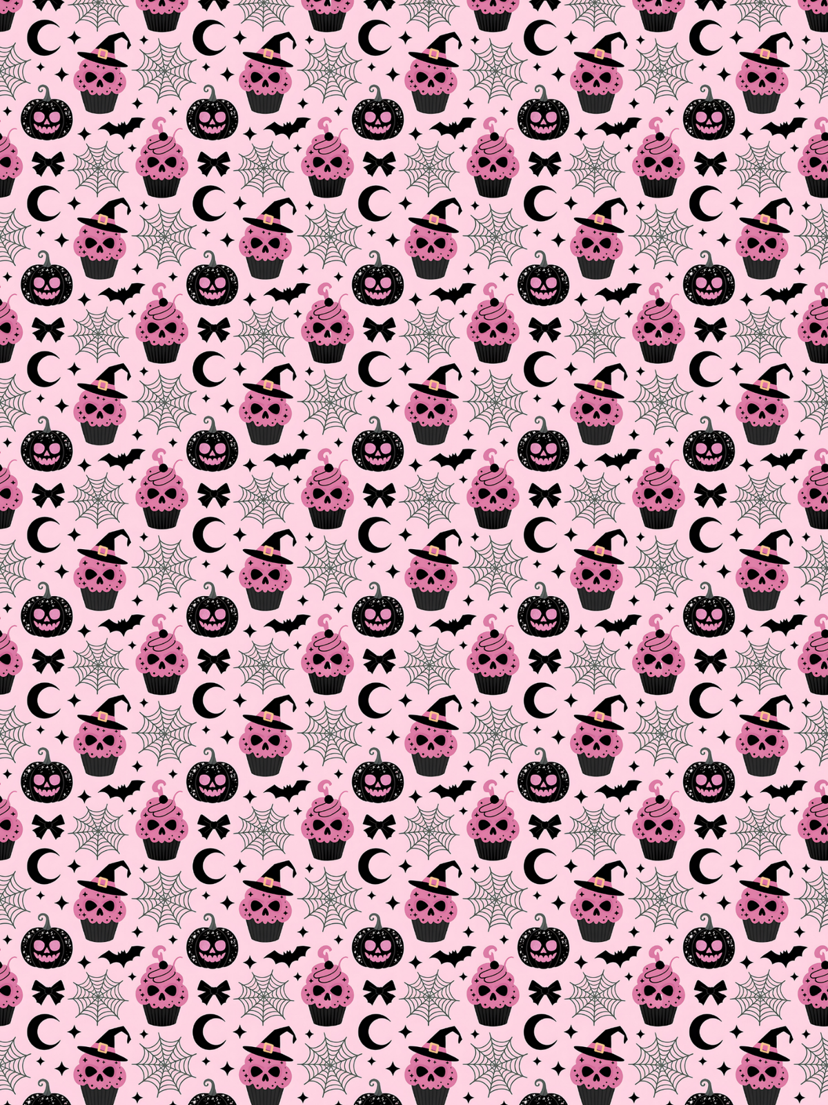 Tubie tape with a repeating Halloween-themed pattern on a light pink background, featuring pink frosted cupcakes with witch hats, black jack-o'-lantern faces, gray spiderwebs, bats, and crescent moons.
