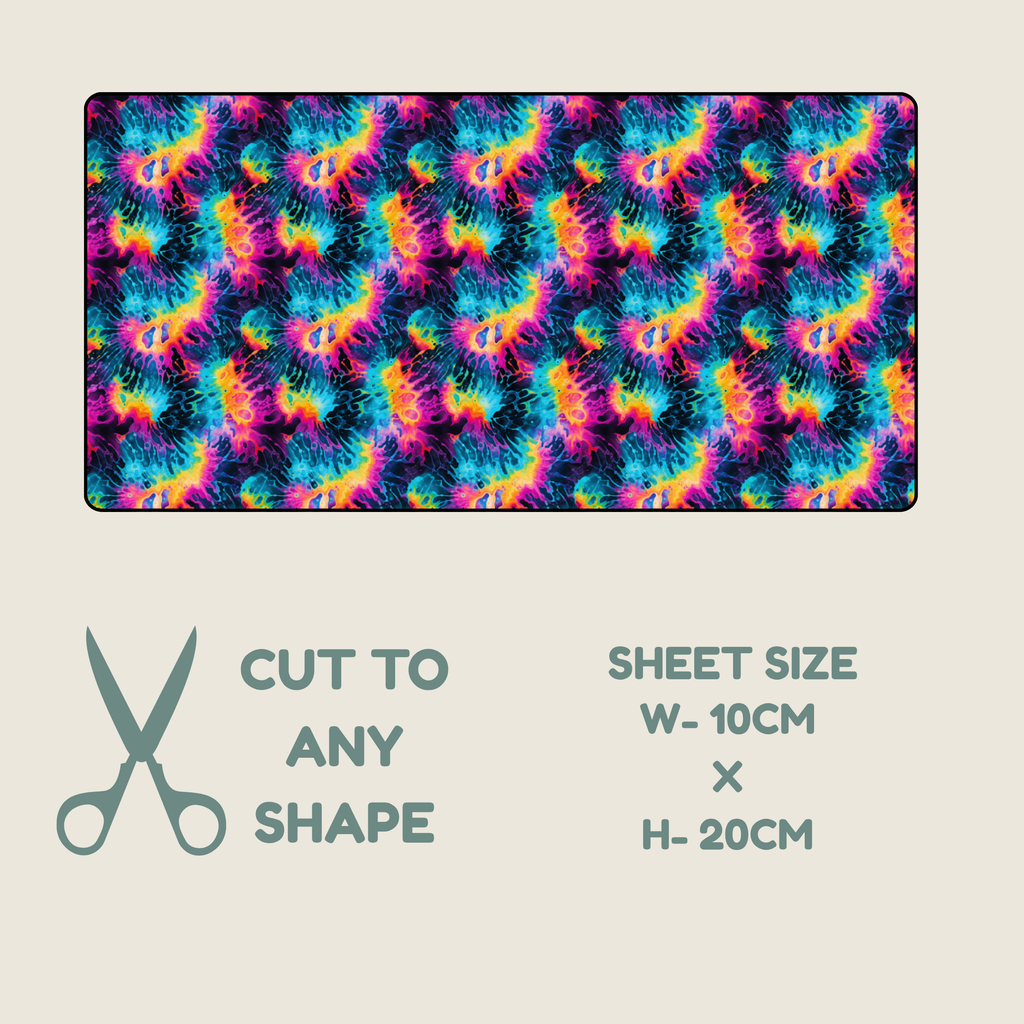 Tubie tape with a seamless repeating pattern of psychedelic tie-dye swirls in neon pink, yellow, orange, blue, and black.