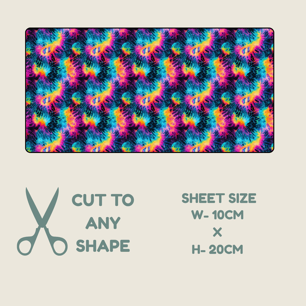 Tubie tape with a seamless repeating pattern of psychedelic tie-dye swirls in neon pink, yellow, orange, blue, and black.