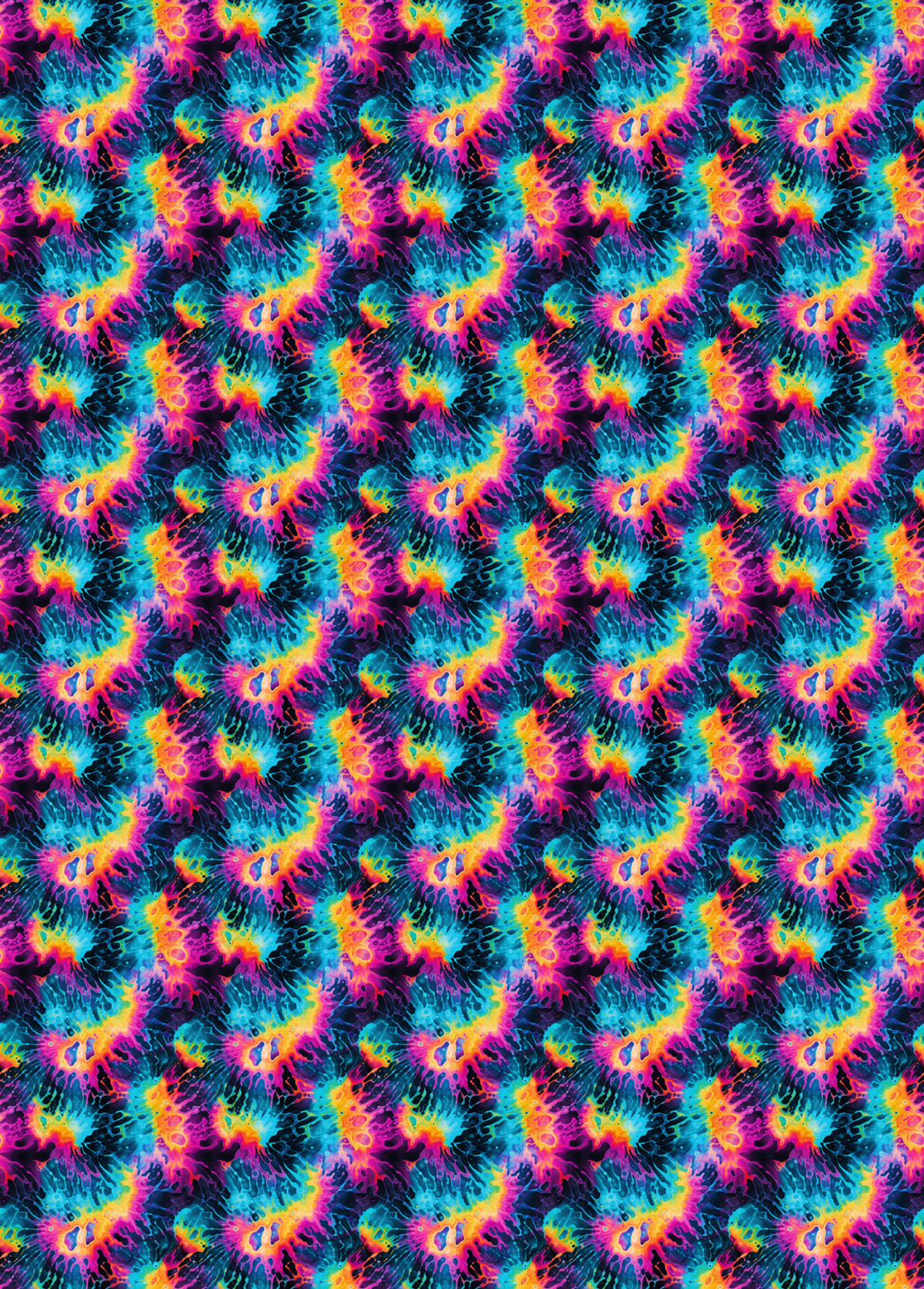 Tubie tape with a seamless repeating pattern of psychedelic tie-dye swirls in neon pink, yellow, orange, blue, and black.