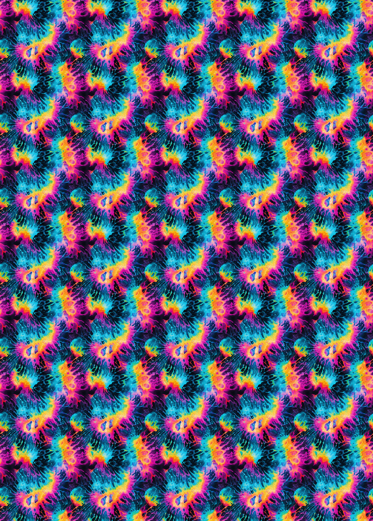 Tubie tape with a seamless repeating pattern of psychedelic tie-dye swirls in neon pink, yellow, orange, blue, and black.
